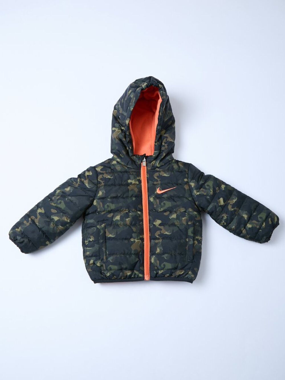 Nike Baby Boy/Girl Green Camo Puffer Hooded Orange Full Zip Jacket 12M warm cozy